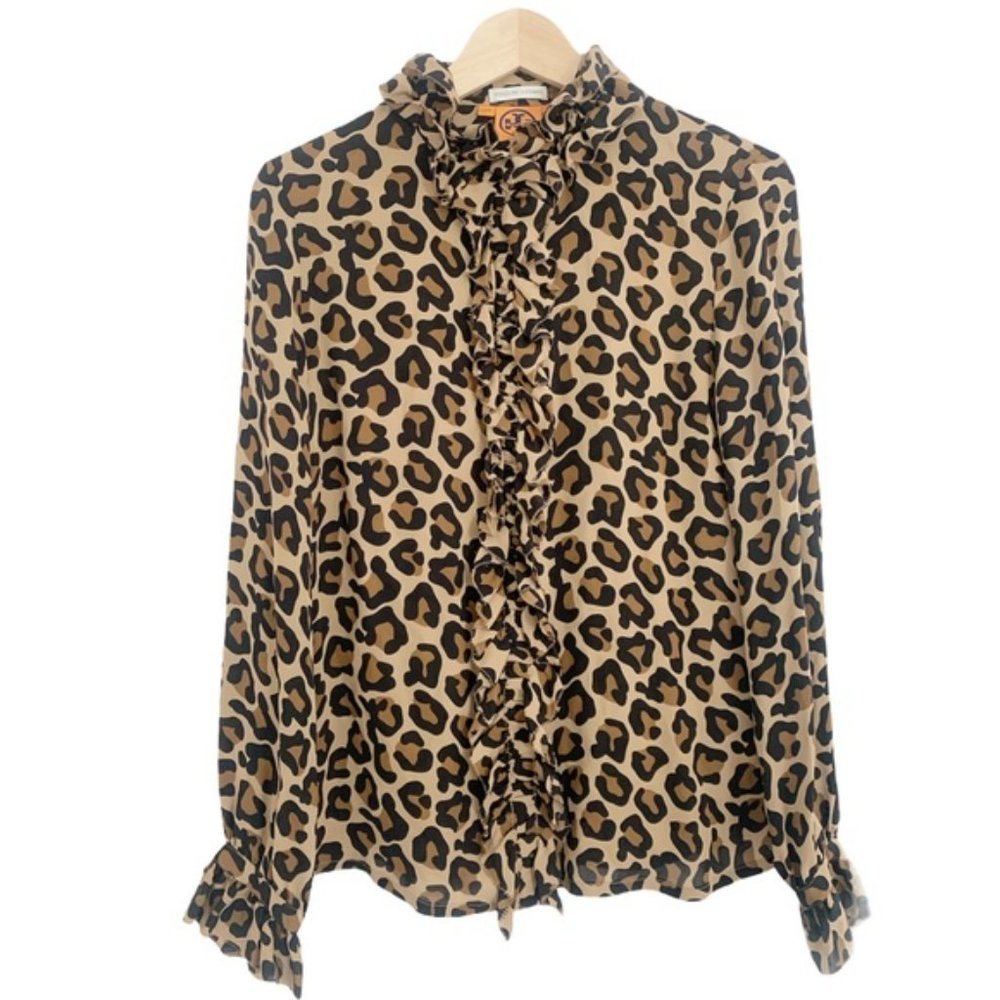 Tory Burch Leopard 100% Silk Ruffle Long Sleeve Blouse NWOT sz 6 - Picture 5 of 14